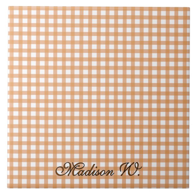 Söt varm orange gingham-mönster kakelplatta (Framsidan)