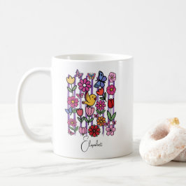 Söt vårträdgårdsmugg blommor fjärilar fågel kaffemugg