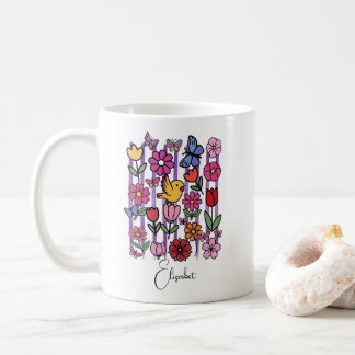 Söt vårträdgårdsmugg blommor fjärilar fågel kaffemugg
