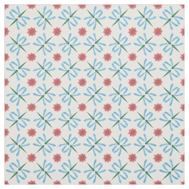 Söt Vatten Lilies och Dragonflies på Blue Fabric Tyg (Provkarta)