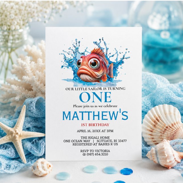 Söt Vattenblå Fisk 1-årsdag Inbjudningar (Cute Water Blue Fish 1st Birthday Invitation)