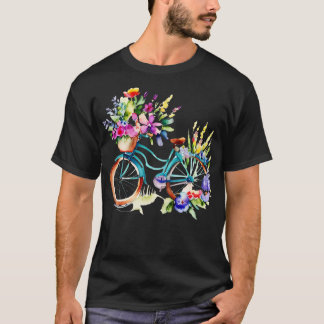 Söt vattenfärg Bike med Basket av blommor T Shirt