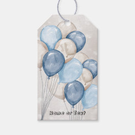Söt vattenfärg blå vita ballonger fest presentetikett