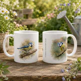 Söt vattenfärg blåmes fågel monogram kaffemugg
