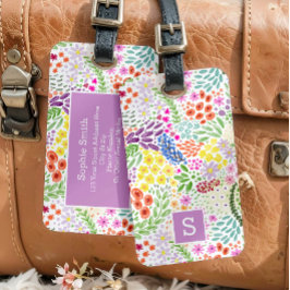 Söt vattenfärg blommande vårmonogram bagagebricka