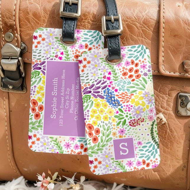 Söt vattenfärg blommande vårmonogram bagagebricka (Skapare uppladdad)