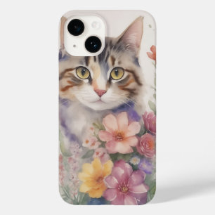 Söt vattenfärg blommig katt