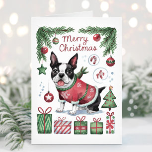 Söt vattenfärg Boston Terrier julkort Helgkort