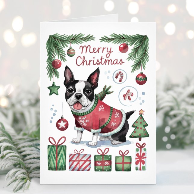 Söt vattenfärg Boston Terrier julkort Helgkort (Skapare uppladdad)