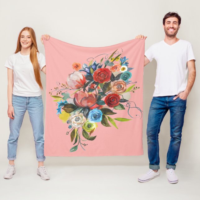 Söt vattenfärg Bouquet Coral Rosa Anpassade Fleecefilt (På plats)