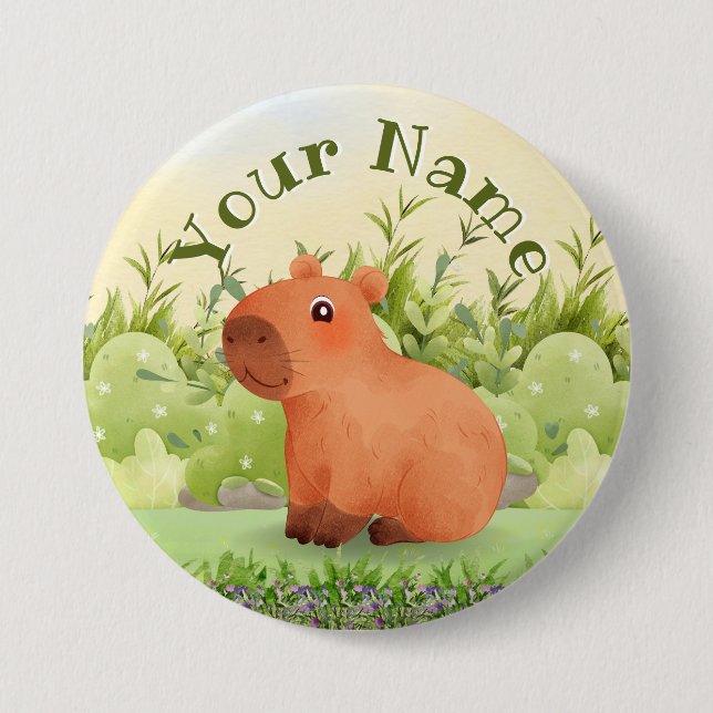 Söt Vattenfärg Capybara Anpassat Namn Rund Knapp  (Framsida)