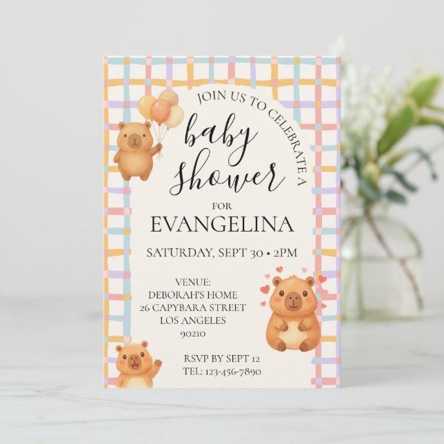 Söt Vattenfärg Capybara Baby Shower Inbjudningar (Stående Fram)