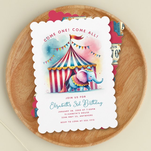 Söt Vattenfärg Circus Elefant Födelsedag Inbjudningar (Cute Watercolor Circus Elephant Birthday Invitation)