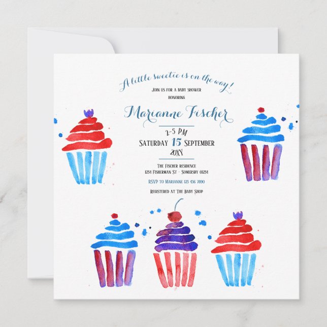 Söt vattenfärg cupcake Baby Shower inbjudan (Framsida)