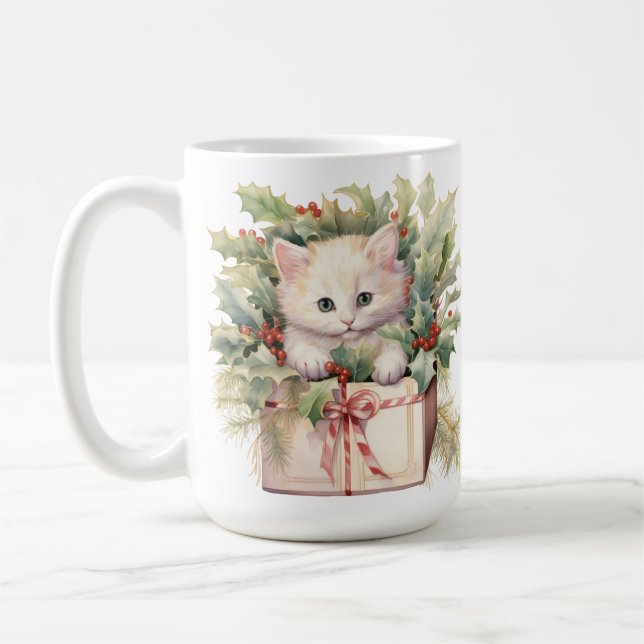 SÖT VATTENFÄRG FLUFFIG JUL KATTUNGE KAFFEMUGG (Vänster)