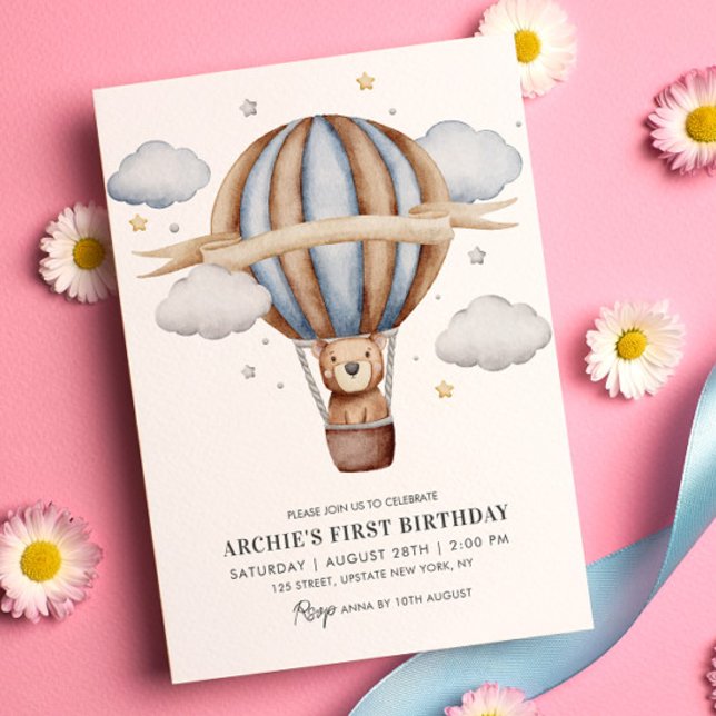 Söt vattenfärg för pojkar 1-års födelsedag med bjö inbjudningar (Bear Hot Air Balloon 1st Birthday Invitation Template Modern Cute Kids Invite)