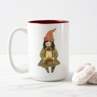 Söt vattenfärg Gnome flicka Lykta Tvåtons Kaffe Två-Tonad Mugg