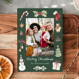 Söt vattenfärg God Jul Grön familjefoto Julkort