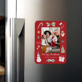 Söt vattenfärg God Jul Röd Familjefoto Magnet