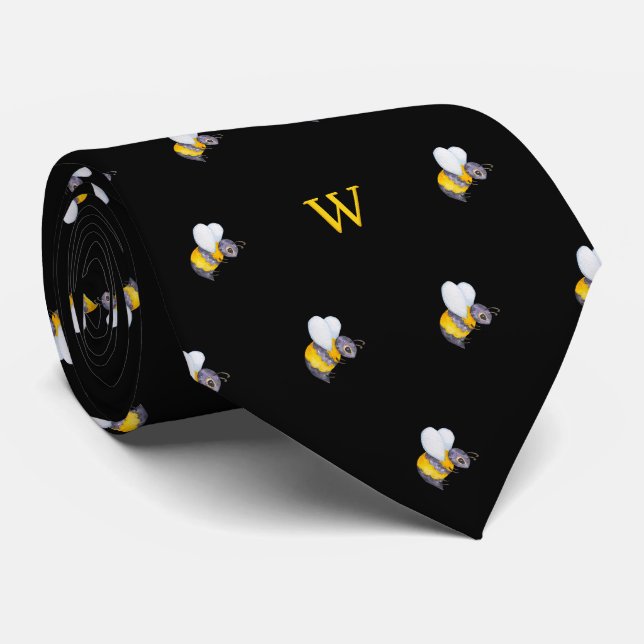 Söt vattenfärg Honungsbi Monogram Initial Svart Slips (Rullad)
