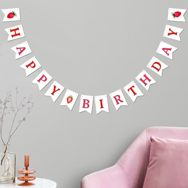 Söt vattenfärg Jordgubbar Grattis på födelsedagen Vimplar (Skapare uppladdad)