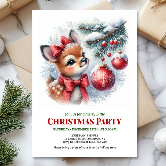 Söt vattenfärg jul inbjudan för barn med hjort (Cute baby deer watercolor Christmas kids invitation template)