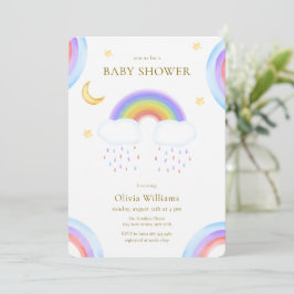 Söt vattenfärg måne stjärna regnbåge baby shower inbjudningar