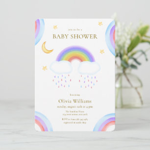 Söt vattenfärg måne stjärna regnbåge baby shower inbjudningar