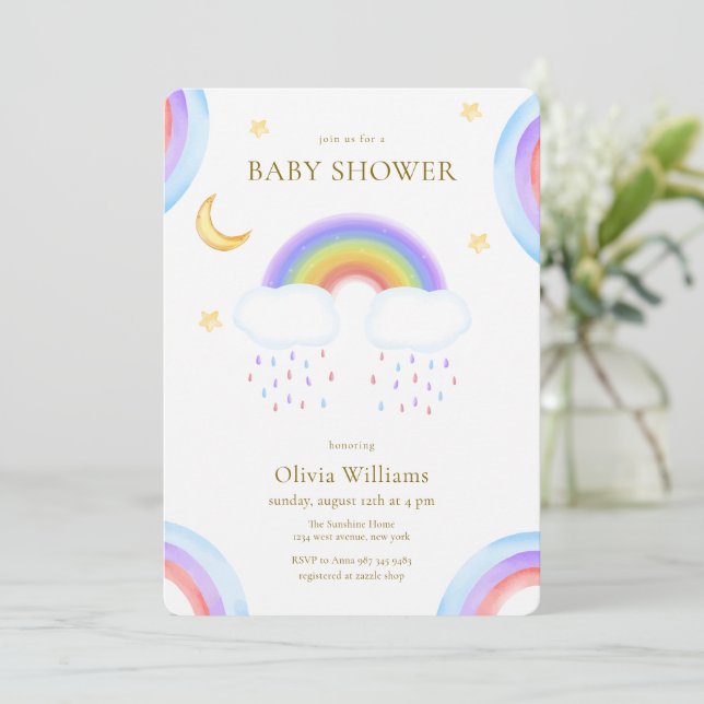 Söt vattenfärg måne stjärna regnbåge baby shower inbjudningar (Stående Fram)