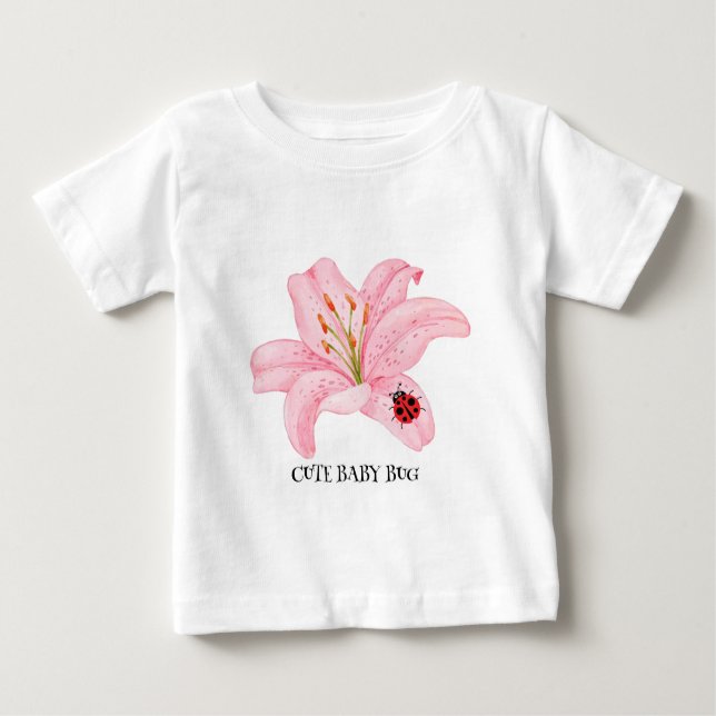 Söt vattenfärg nyckelpiga på rosa lilja blomma för t shirt (Framsida)