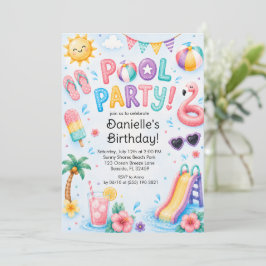 Söt Vattenfärg Poolparty Födelsedag  Inbjudningar