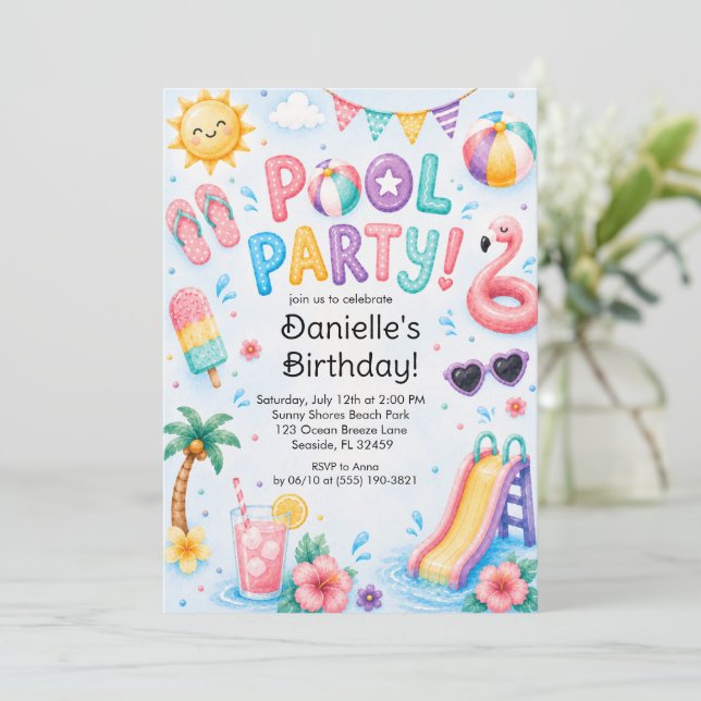 Söt Vattenfärg Poolparty Födelsedag  Inbjudningar (Stående Fram)