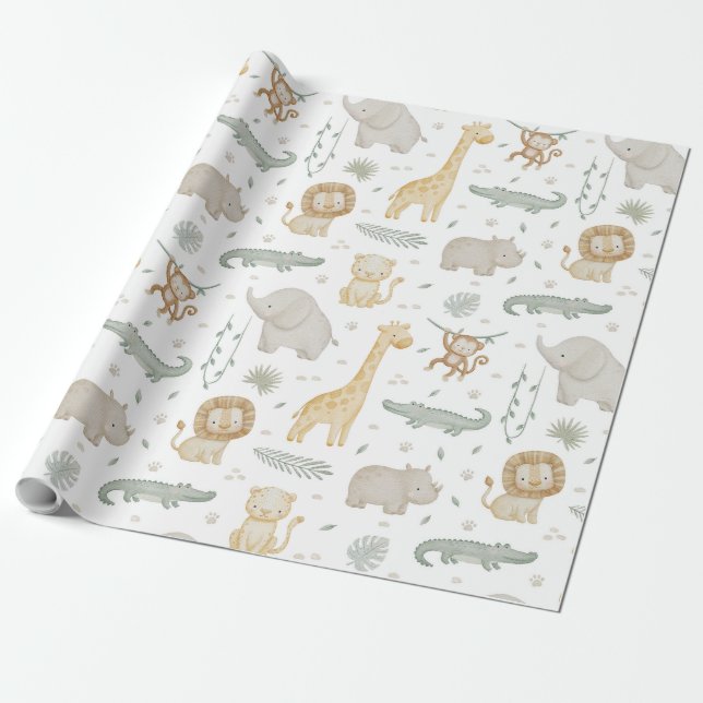 Söt vattenfärg Safari Djur Presentpapper (Utrullad)