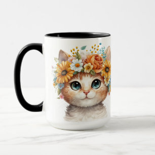 SÖT VATTENFÄRG VITT CAT ANSIKTE MED BLOMMOR MUGG