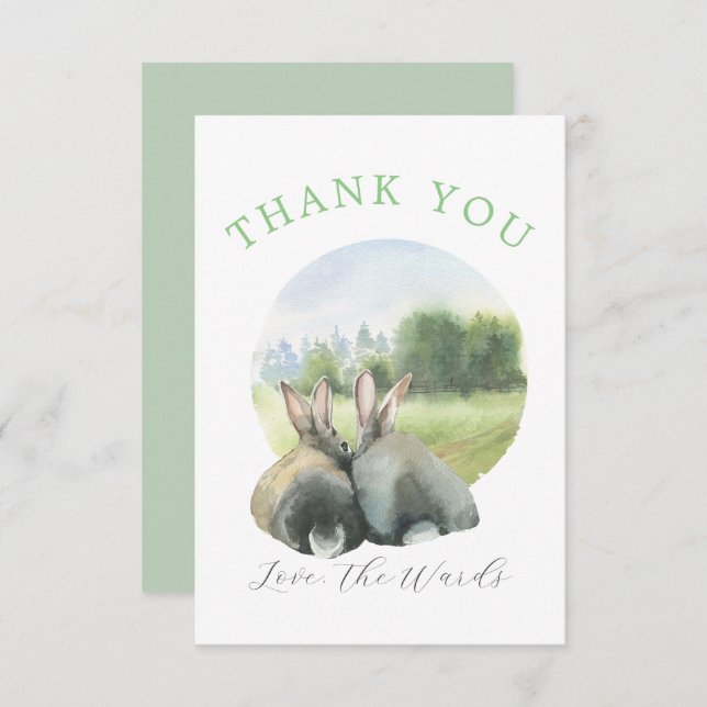 Söt Vattenfärgat kaninpar Tack Kort (Fram/baksida)