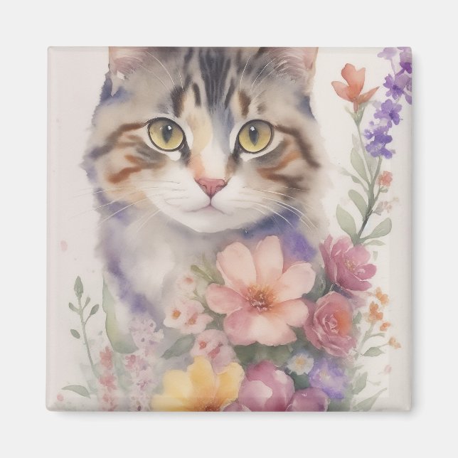 Söt vattenfärgblomma katt magnet (Framsidan)