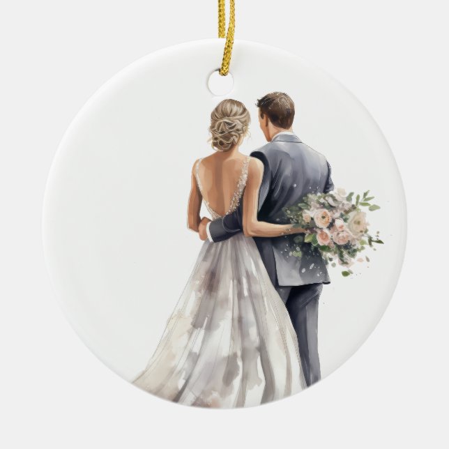 SÖT VATTENFÄRGBRID OCH GROOM BRÖLLOP JULGRANSPRYDNAD KERAMIK (Framsidan)