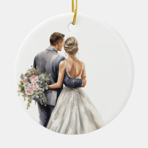 SÖT VATTENFÄRGBRID OCH GROOM BRÖLLOP JULGRANSPRYDNAD KERAMIK