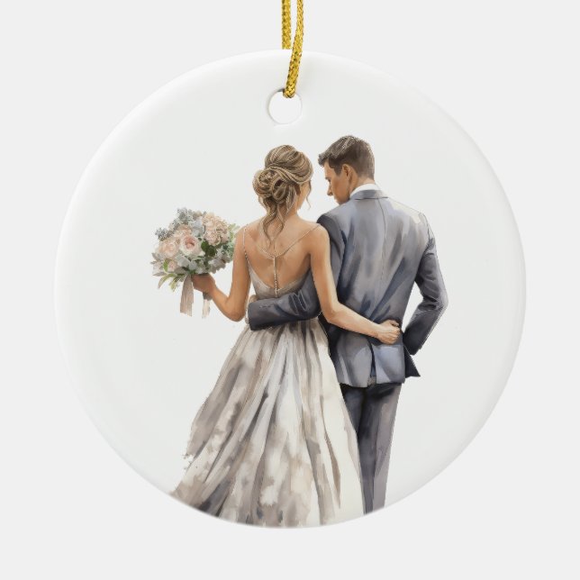 SÖT VATTENFÄRGBRID OCH GROOM BRÖLLOP JULGRANSPRYDNAD KERAMIK (Framsidan)
