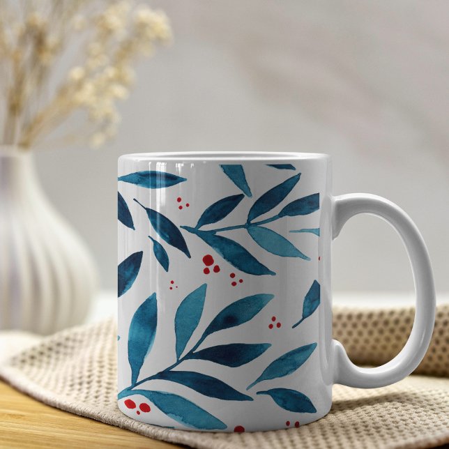 Söt vattenfärgen grenar - turkos och rött kaffemugg (Skapare uppladdad)