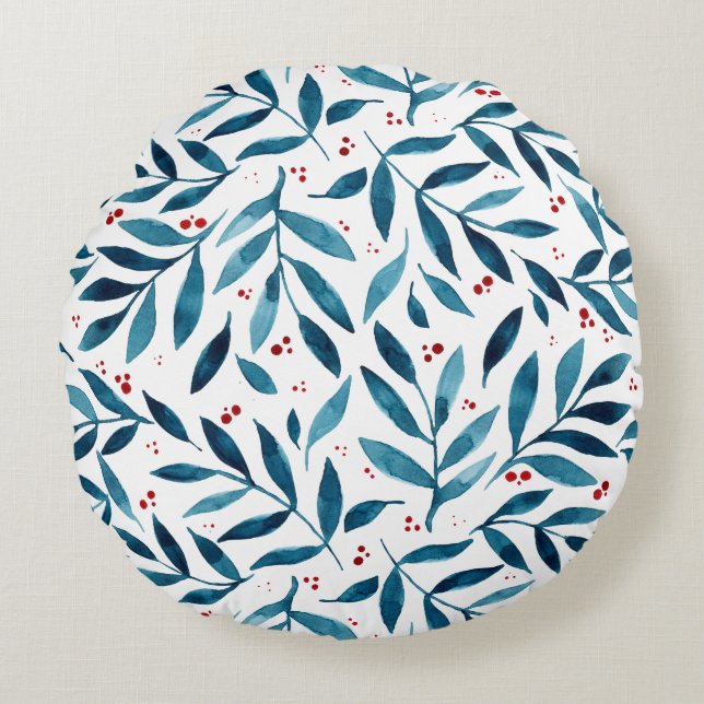 Söt vattenfärgen grenar - turkos och rött rund kudde (Framsidan)