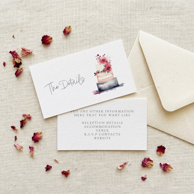 Söt vattenfärgskaka bröllop närmare uppgifter tilläggskort (Pretty watercolor wedding cake the details enclosure card.)