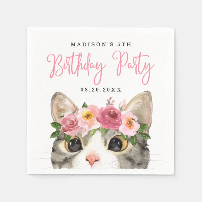 Söt Vattenfärgskitty Födelsedagsfest Pappersservett (Framsidan)