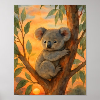 Söt vattenfärgskoala i eukalyptus-träd poster