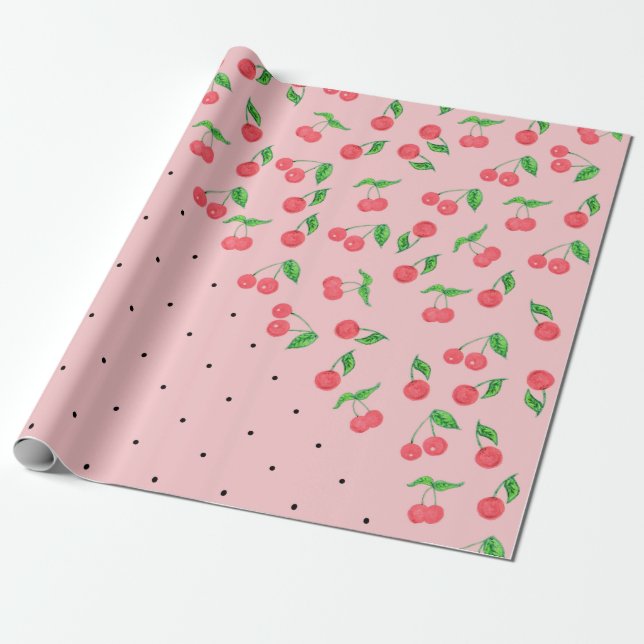 söt vattenfärgskörsbär svart polka dots mönster presentpapper (Utrullad)