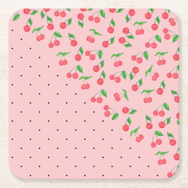 söt vattenfärgskörsbär svart polka dots mönster underlägg papper kvadrat (Framsidan)