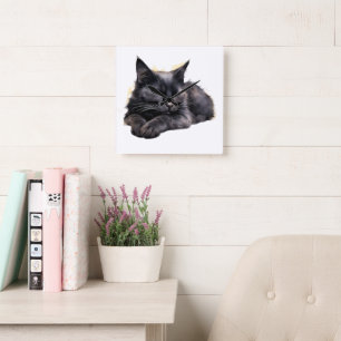 SÖT VATTENFÄRGSLÖSNINGSFLUFFY BLACK CAT FYRKANTIG KLOCKA