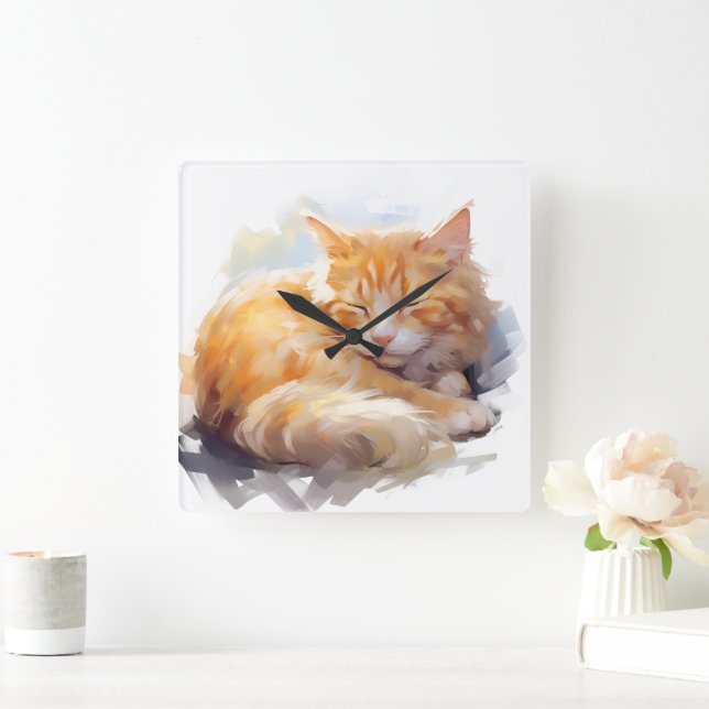 SÖT VATTENFÄRGSPÅRNING ORANGE TABBY KATT FYRKANTIG KLOCKA (Hem)