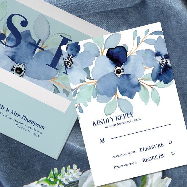 Söt Vattenfärgsskiktad Bröllop OSA för blå Blommig (Pretty Watercolor Stale Blue Floral Wedding RSVP)