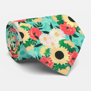 Söt vattenfärgssolrosblommor Daisy och vallmoblomm Slips